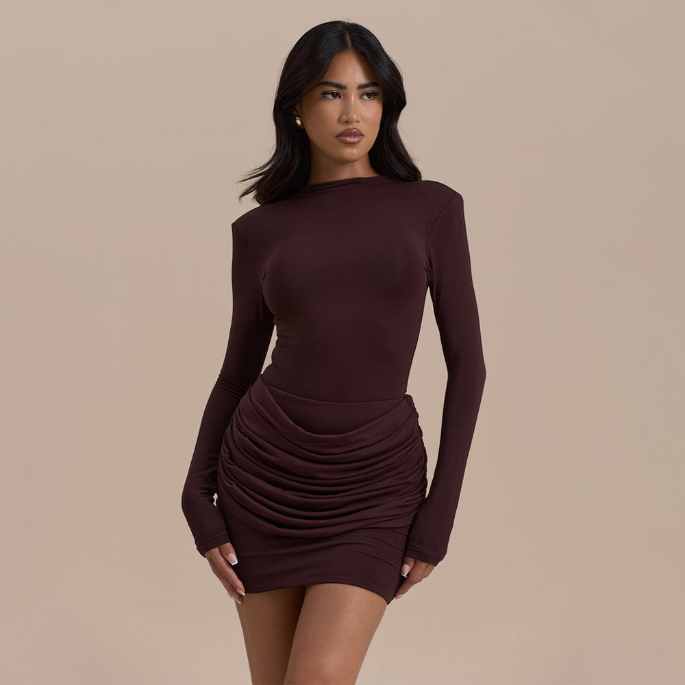 autumn new arrivals: sexy bodycon mini dress - european & american style, solid color, round neck, pleated detail, slim fit, hot girl vibe