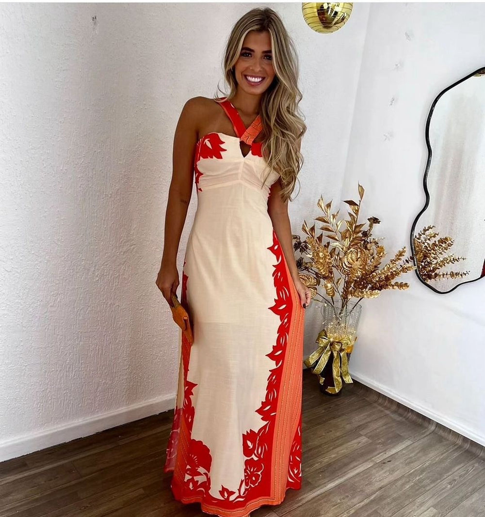 2025 summer new arrival: european and american style halter neck sexy color block fashion vacation beach long printed dress - women's apparel
