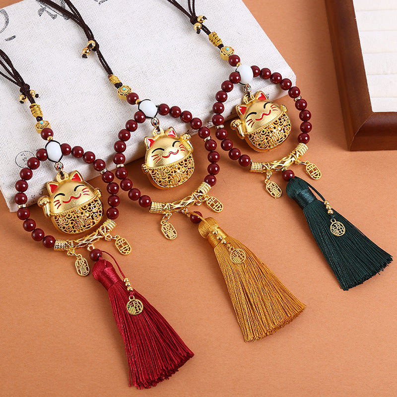 New vermilion ring bring in wealth and treasure cat ping an ruyi pendant car pendant rearview mirror creative cute car interior decoration
