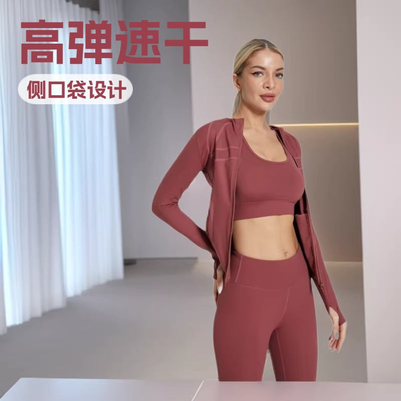 Ready-to-ship 3-piece lulu-inspired set: high-stretch, quick-dry, side-pocket zip-up jacket, bra, and leggings