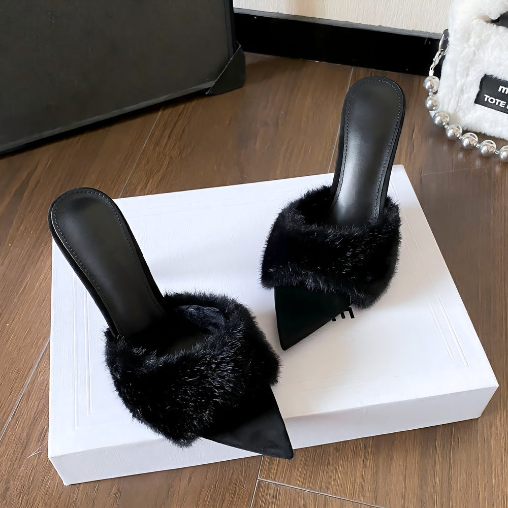 Yx 2025 autumn/winter new collection: stylish and versatile warm fuzzy slides - pointed toe stiletto heel mules