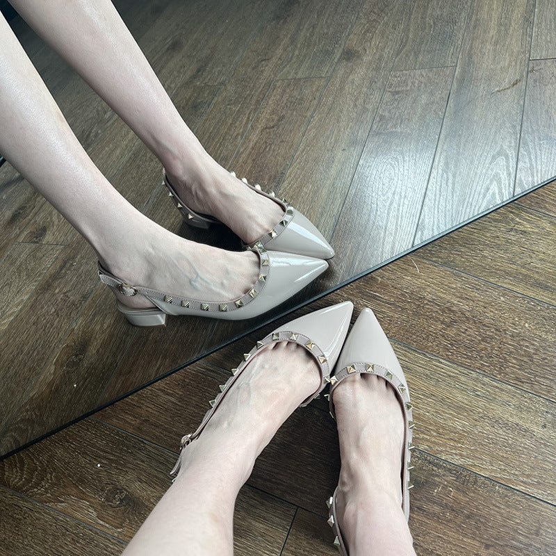 French nude chic flats - women's 2024 new rivet detail hollow-out leather shoes - summer dress heeled sandals