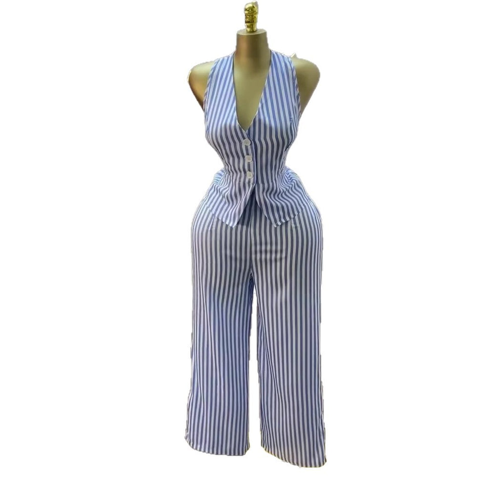 European and american cross-border women's clothing  summer new arrival: elegant v-neck blue and white striped vest top and high-waisted pants set