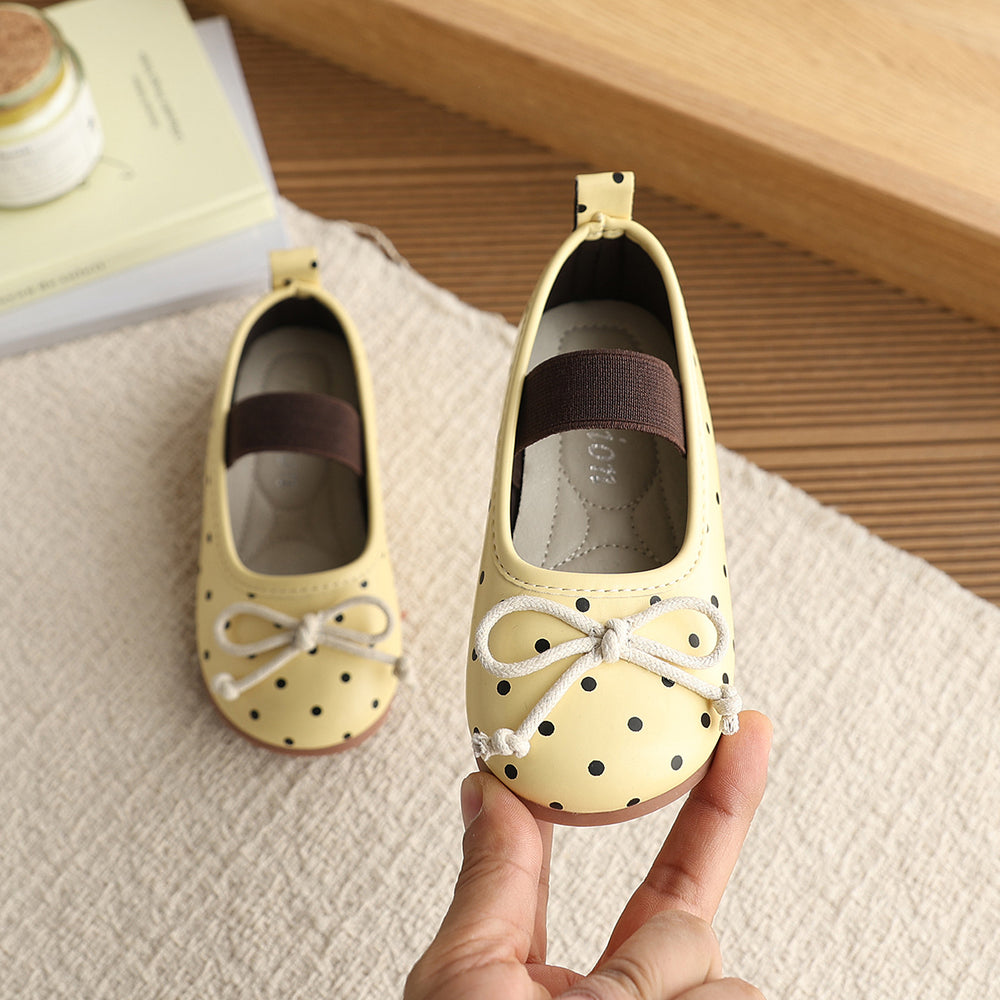 Vancahao girls' korean style polka dot princess shoes,  spring new collection, children's bowknot leather flats, low-cut single shoes