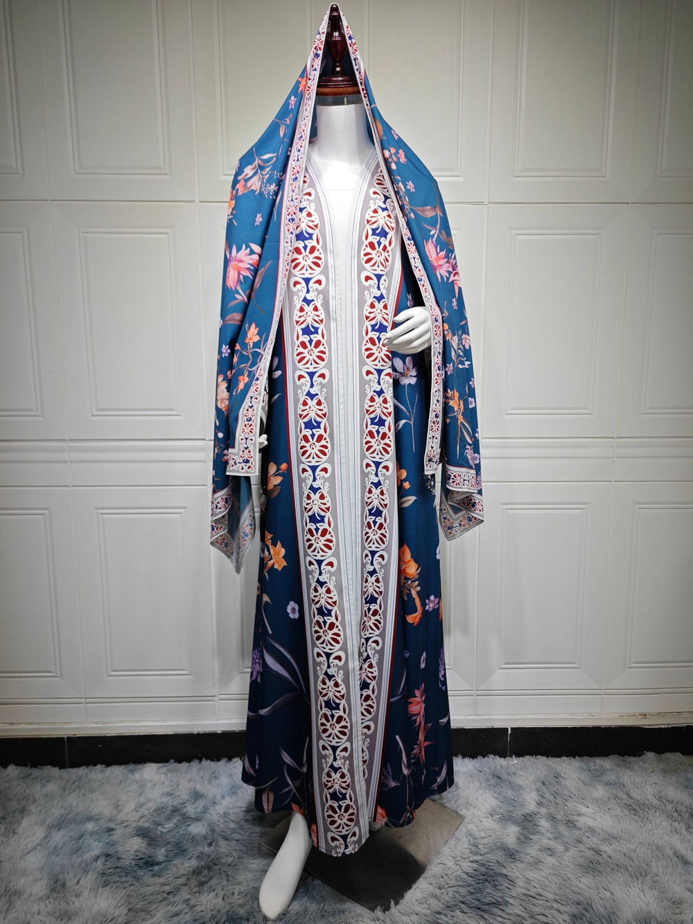 women's fashion printed cardigan robe set with headscarf - loose fit
