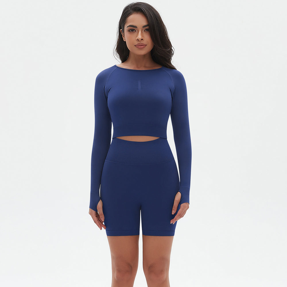 seamless knit solid color compression long-sleeve top, high-stretch breathable running and fitness set, yoga wear for women
