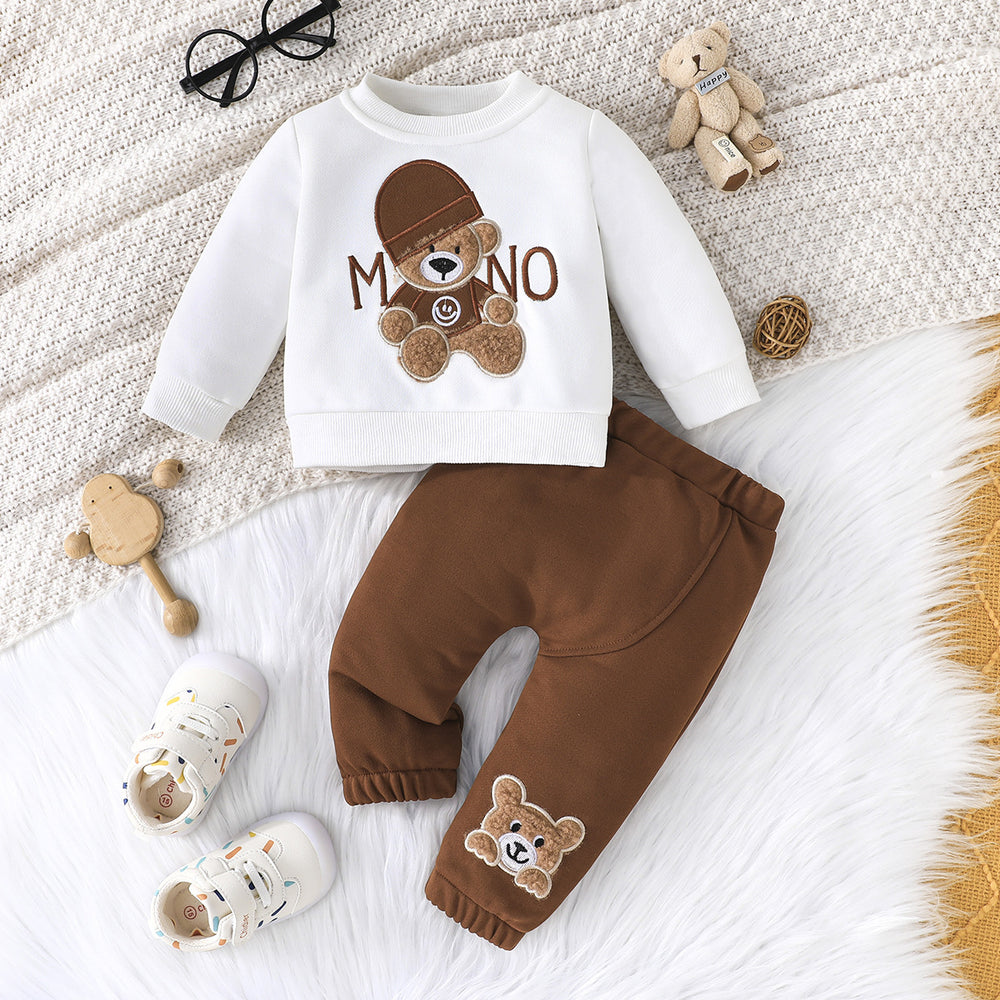 cross-border e-commerce children's wear: new autumn/winter cartoon letter hat bear embroidered hoodie and pants two-piece set
