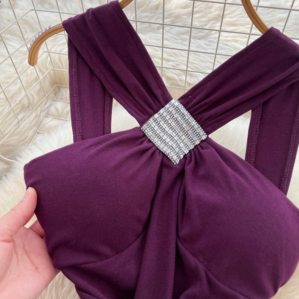 Accessible luxury celebrity heavy industry diamond cross halter suspender dress female sexy hot girl waist bag hip backless dress
