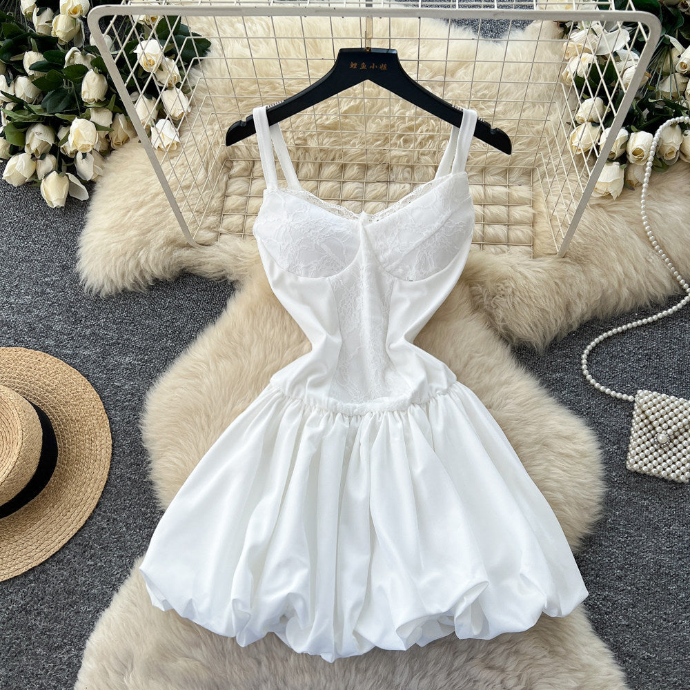 K-style white pure desire style lace suspender easiest for matchdress women's summerhigh waistslimming look flower bud puffy skirtelegant