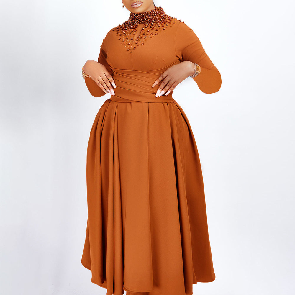 D454  foreign trade women's new fashion high neck elegant beaded flared dress fitted waist african dress