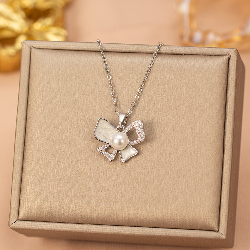 European and american hot-selling fashion zircon pearl necklace for women, lightweight luxury, niche, versatile, elegant, fashionable titanium steel clavicle chain jewelry