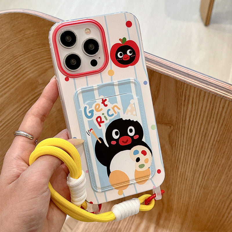Suitable for iphone16pro card holder lanyard penguin painting mobile phone case apple x/13 bow tpu protective cover