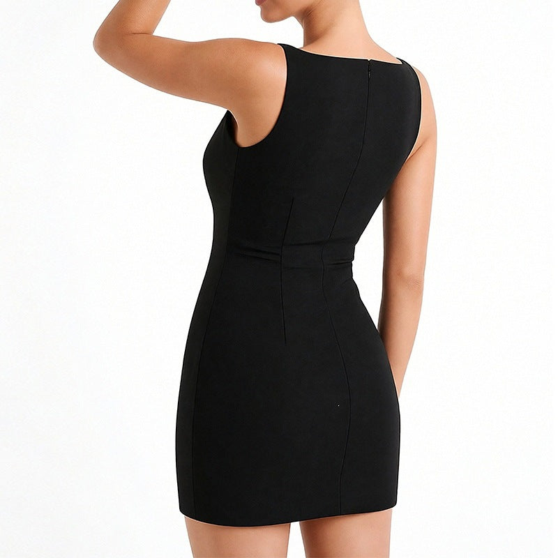 new summer women's clothing: cross-border european and american style dress - slim fit, elegant solid color french mini dress