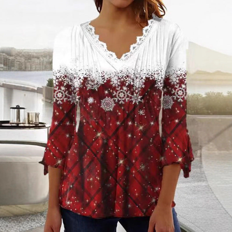 fall/winter new european and american style cross-border snowflake print plaid v-neck long sleeve top for women