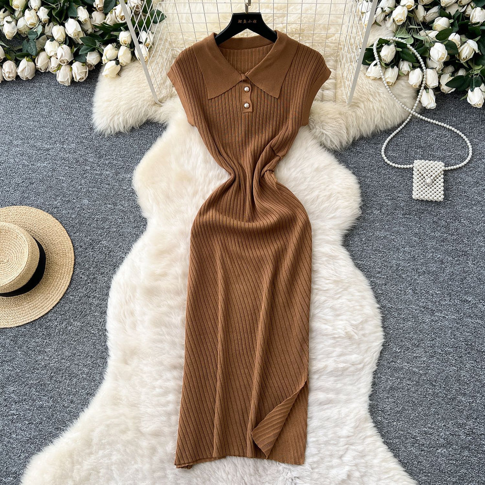new arrivalniche styleretrok-stylefashionpolo collar short sleeve waist slimming lookelegant slit knittingdress