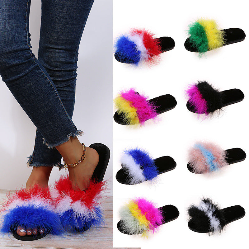 Fashion real fur ostrich fur slippers women's winter flip-flops fur fur women's shoes outwear cotton slippers outwear slippers women