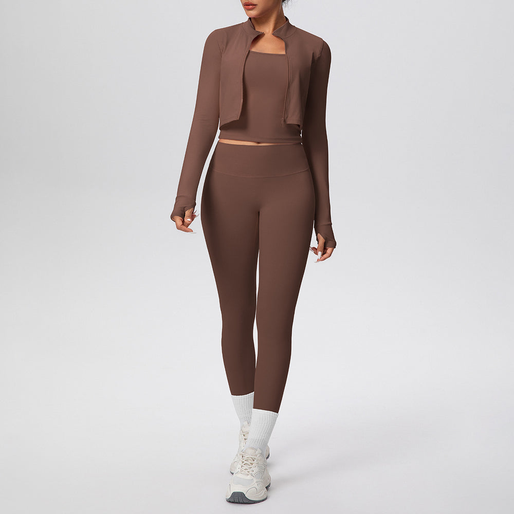 pure color brushed tight tank top nine-point long three-piece sports running fitness yoga suit