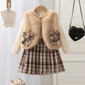 new summer cross-border fashion girls' fuzzy vest + knitted top + plaid skirt three-piece set
