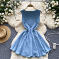 French chic mini dress - women's summer high-end round neck sleeveless metallic buckle waist slimming a-line party dress