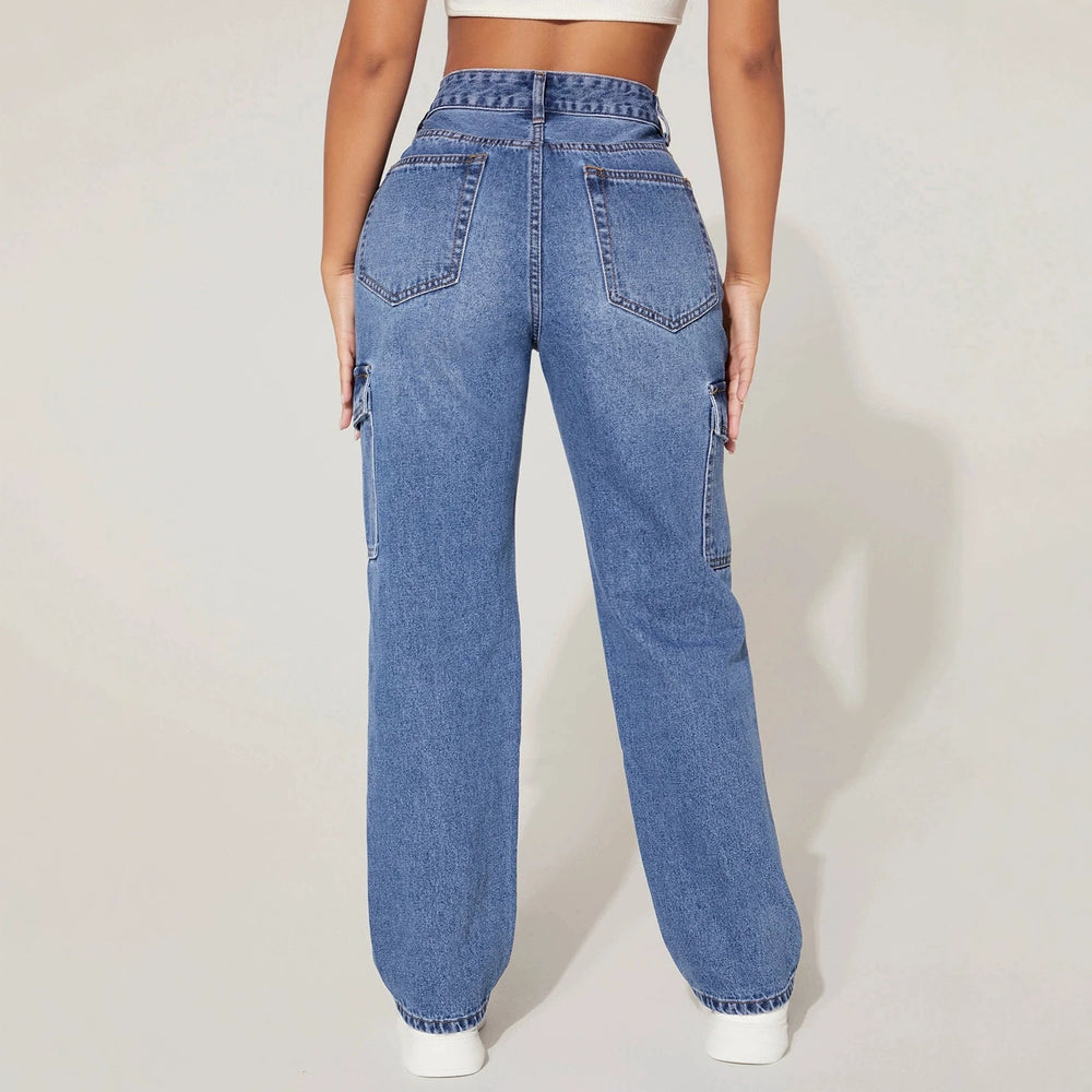 European and american style women's washed high-waisted cargo jeans - american multi-pocket straight-leg denim pants