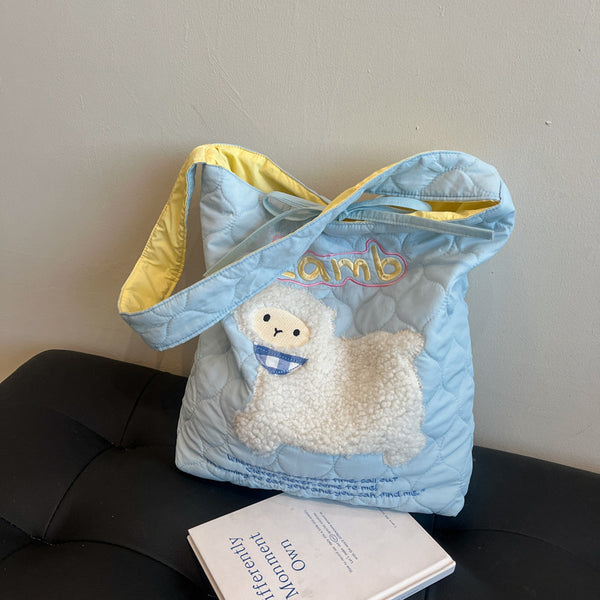 Cute cartoon embroidery pattern shoulder bag 2025 autumn and winter Korean large-capacity tote bag student class bag