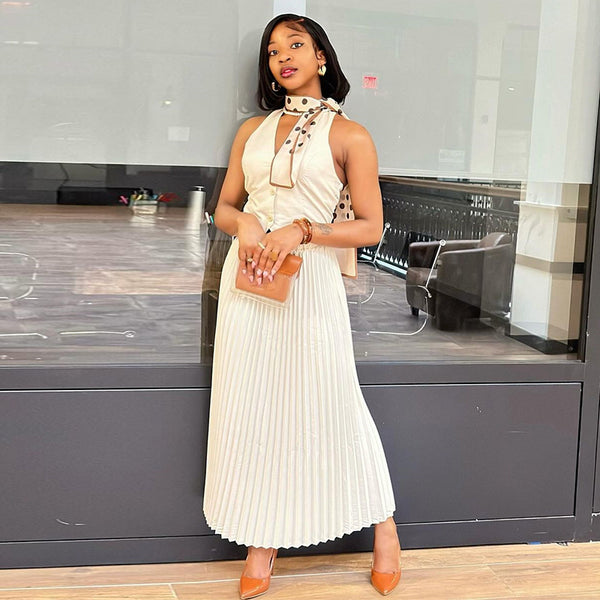 European and American  women's clothing 2024 summer new fashion neck vest sleeveless top pleated skirt set