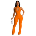 C6580 cross-border   fashion women's solid color sexy halter neck cutout long pants jumpsuit