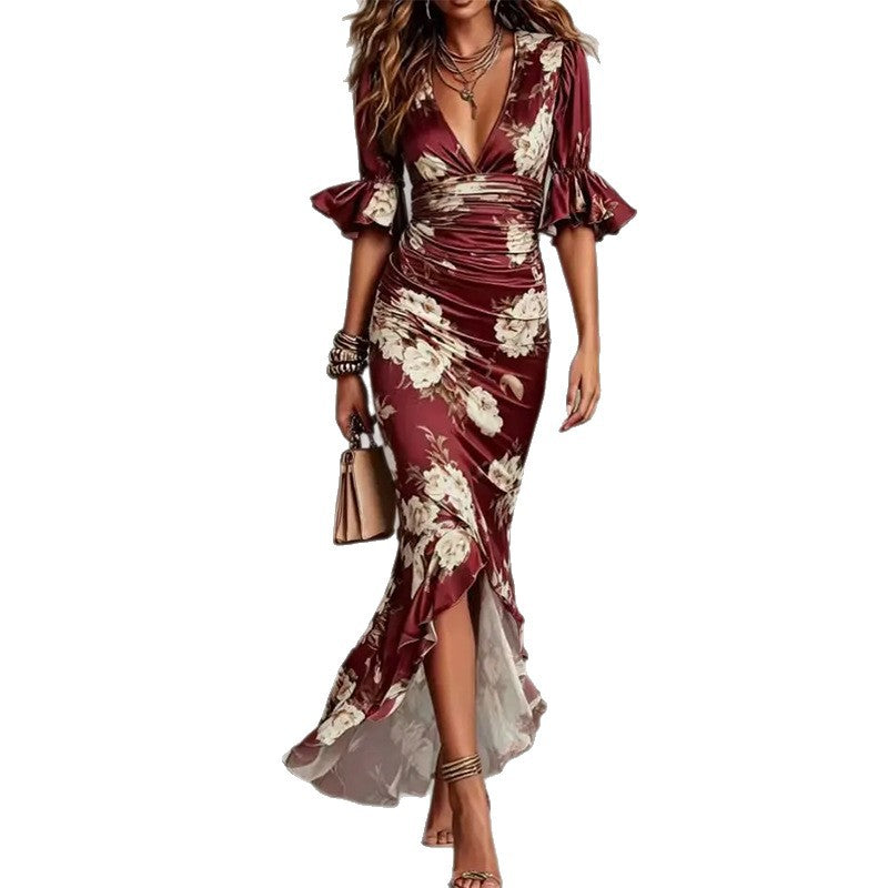 summer new arrival: european and american style, vintage elegant v-neck slim-fit cross-border printed ruffle hem maxi dress