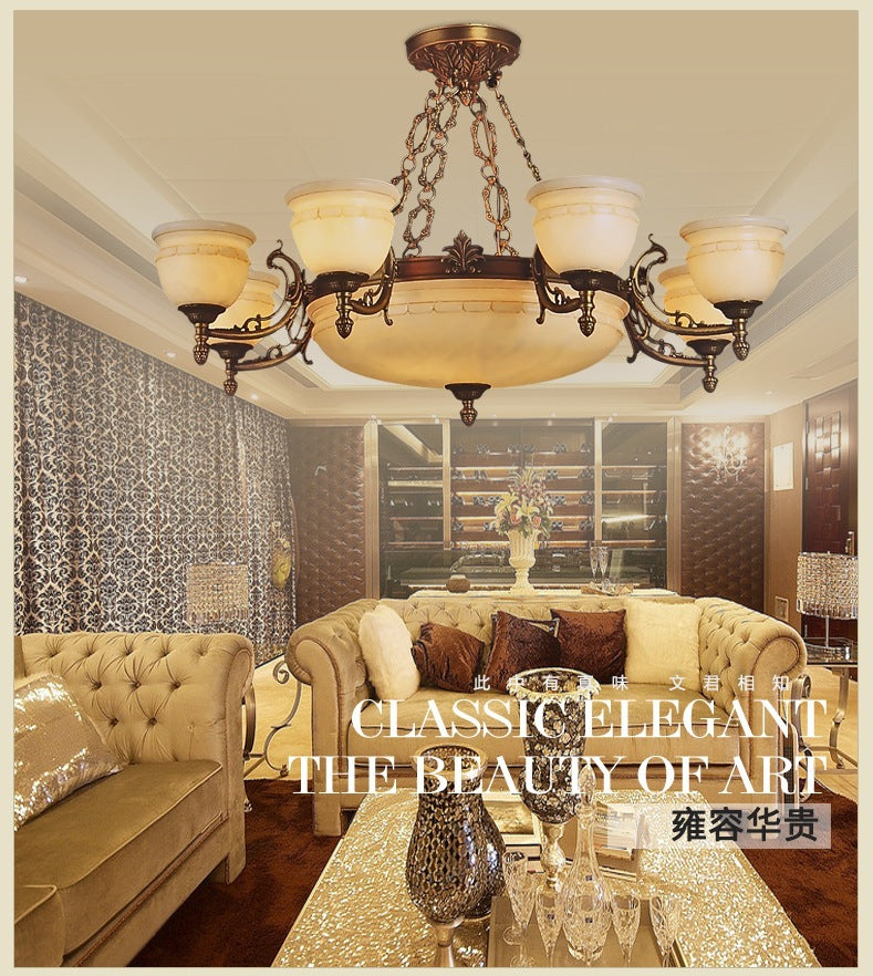 Factory direct european style solid brass spanish natural marble chandelier for villa living room, dining room, bedroom, study, and guest room