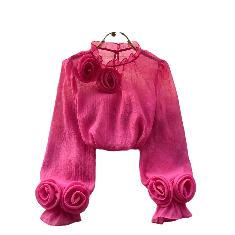 Frenchshirt women's sense of designniche style stereo flower puff sleeves age reduction easiest for matchpure color chiffon shirt women's long sleevestops