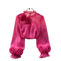 Frenchshirt women's sense of designniche style stereo flower puff sleeves age reduction easiest for matchpure color chiffon shirt women's long sleevestops