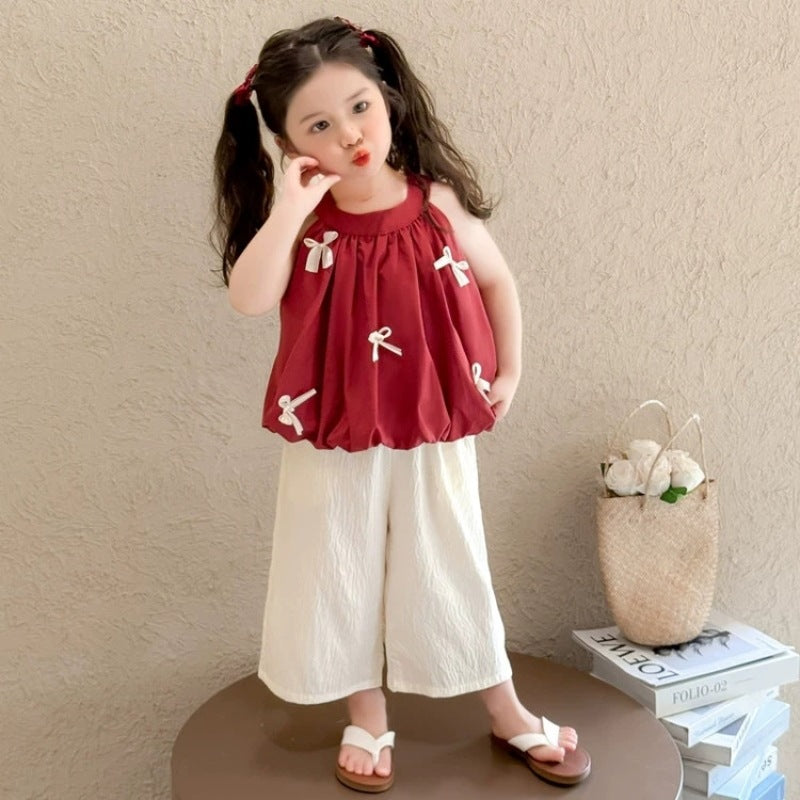 Girls' summer outfit  new style: trendy red halter top and korean style denim shorts two-piece set for little girls