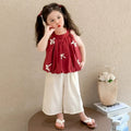 Girls' summer outfit  new style: trendy red halter top and korean style denim shorts two-piece set for little girls