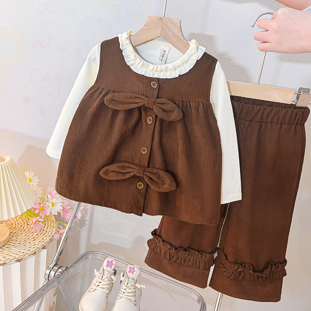 Girls' korean style outfit set - new spring  collection: stylish lace trim undershirt, vest, and casual wide-leg pants for kids