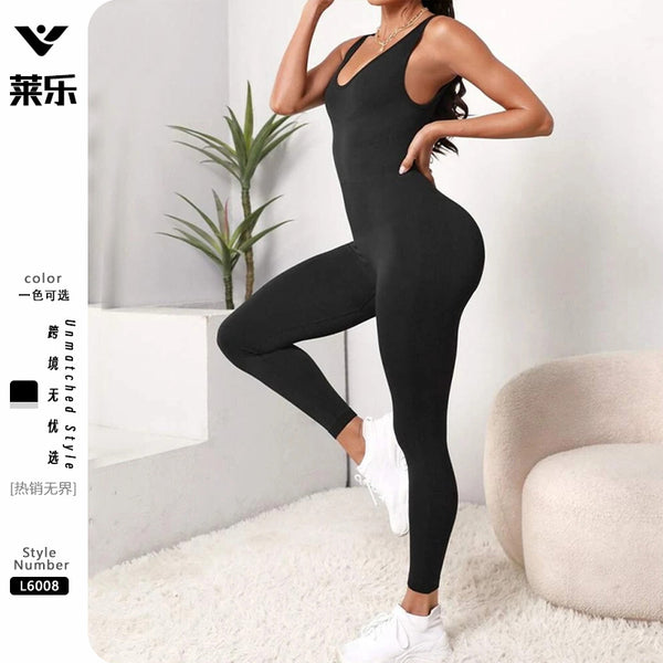 Sleeveless deep V back fitness onesie postpartum corset waist body hip pants, double shoulder straps gather yoga clothes