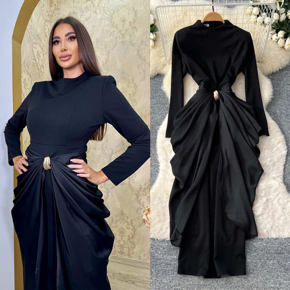Elegant and chic semi-high neck pleated long sleeve dress - women's red, slim-fit, a-line maxi dress with figure-flattering waist