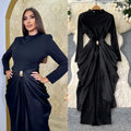 Elegant and chic semi-high neck pleated long sleeve dress - women's red, slim-fit, a-line maxi dress with figure-flattering waist