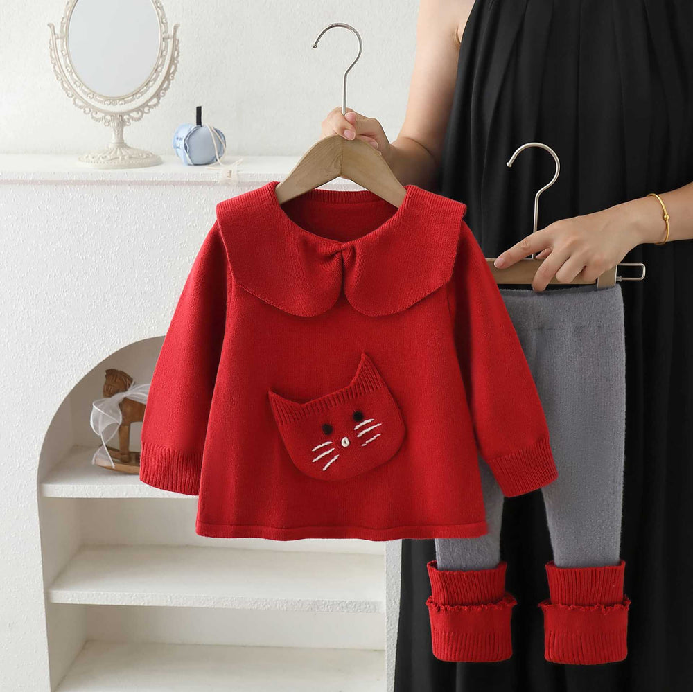 Girls' cartoon cat outfit: new korean style knitted cardigan & cute baby sweater leggings two-piece set