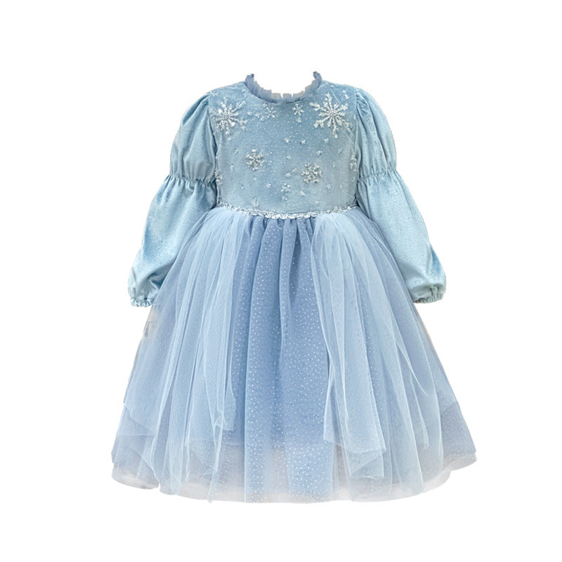 spring new girls' princess dress birthday dress fleece-lined formal gown puffy mesh heavily embellished frozen-inspired dress