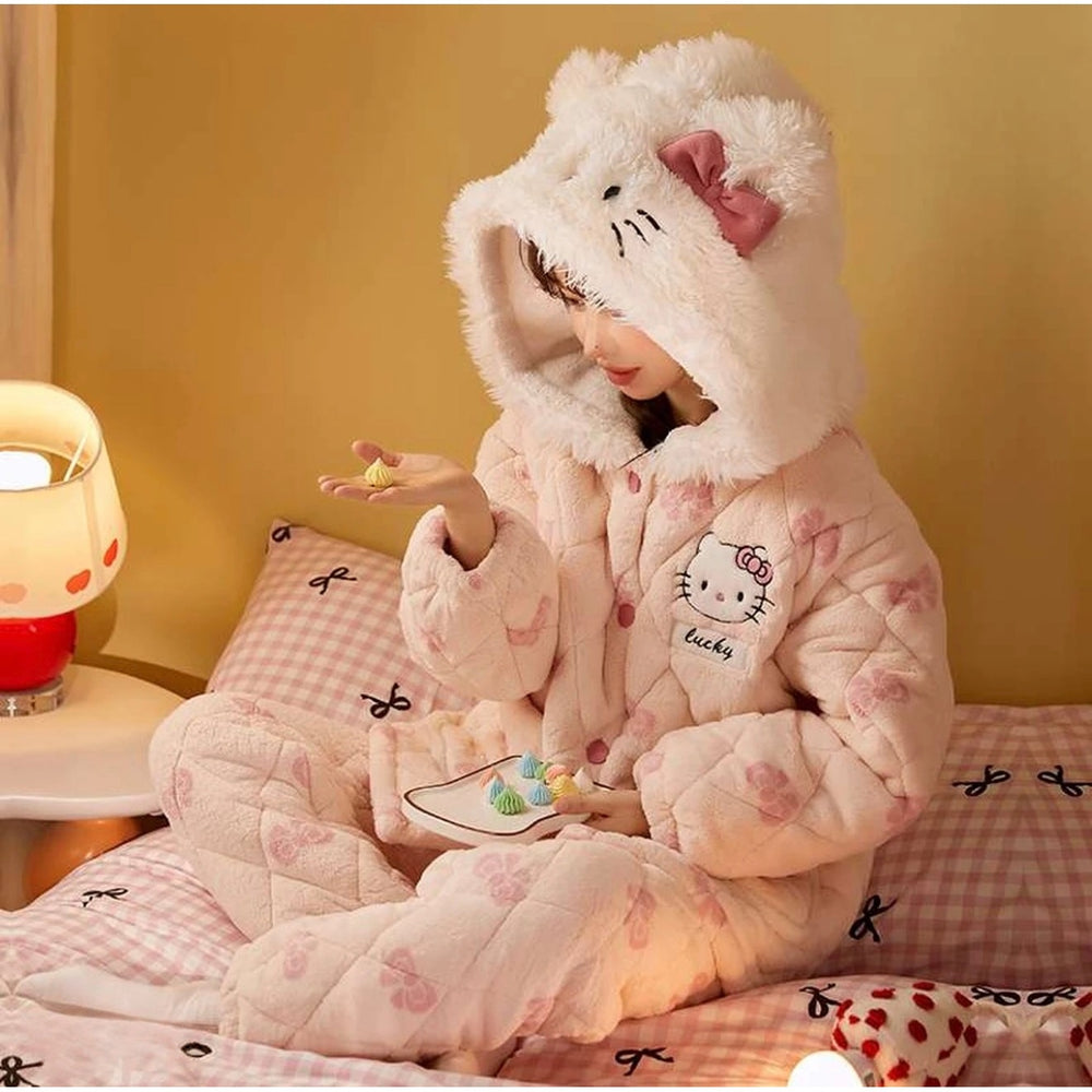 Women's pajamas autumn winter three-layer quilted jacket fleece-linedthickenedheattech coral fleece two-piece suit cute style home clothes
