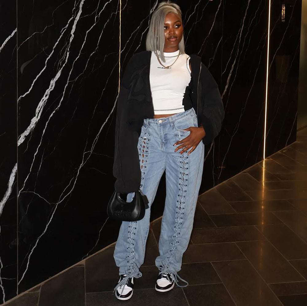 European and american cross-border women's fashion: new trendy high-waisted denim straight-leg jeans with eyelet and drawstring detail for