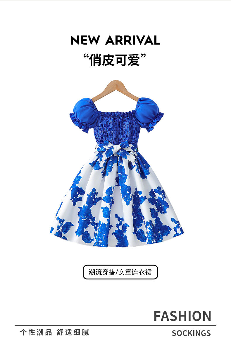 girldress blue lantern sleeves with belt patchwork a-line skirt printingkidssummerworkwear skirt