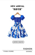 girldress blue lantern sleeves with belt patchwork a-line skirt printingkidssummerworkwear skirt