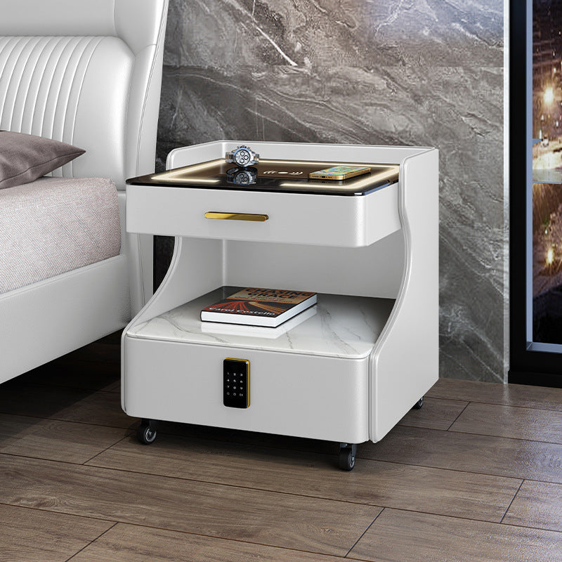 Italian smart bedside table minimalist modern leather bedroom wireless charging popular minimalist storage cabinet high-end rock slab