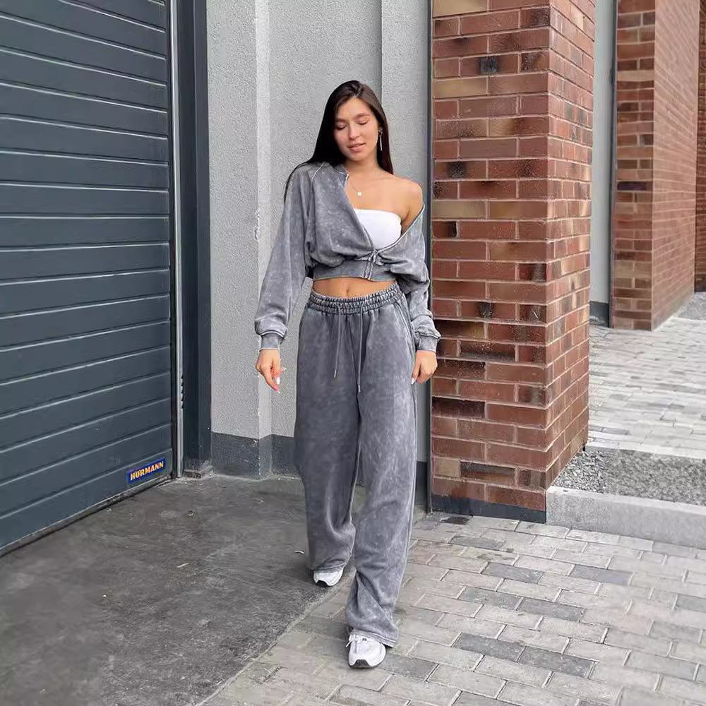 Europe and the United States  fashion women's clothing street navel long-sleeved sweater cardigan trousers set casual jacket lace-up trousers