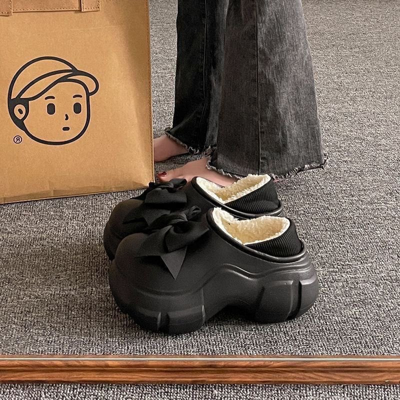 Women's winter cotton slippers - 2025 new indoor home cute warm fuzzy bowknot fleece-lined cotton shoes