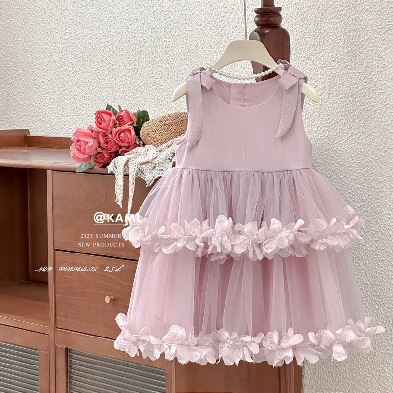 【clearance】girls' dress - stylish mesh tulle tutu summer dress with bow - princess birthday gown