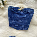 European and american hot girl style metal buckle printed bandeau top + high-waisted slimming long pants denim set - women's summer