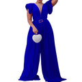 Independent station summer deep v neck see-through mesh stitching pleated waist pure color wide-leg african european and american jumpsuit