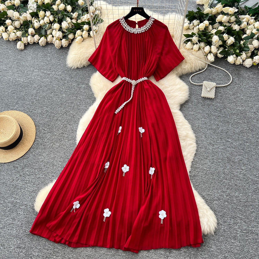 European and american light luxury high-end short-sleeve dress for women - summer pleated, rhinestone-embellished, pearl belt design